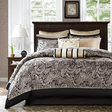 Madison Park Aubrey Cozy Comforter Set, Faux Silk Jacquard Paisley Design - All Season Down Alternative Bedding with Cotton Bed Sheets, Bed Skirt & Toss Pillows, Queen Navy 12 Piece