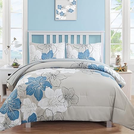 Blue Comforter Set Queen Size, 7 Pieces Bed in a Bag Navy Blue Floral