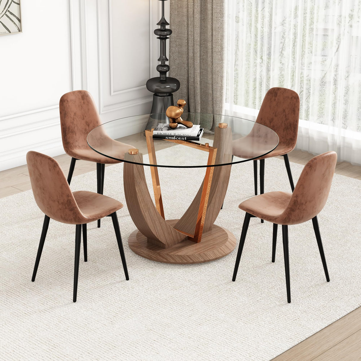 48"Round Dining Table Set for 4，Glass Kitchen Table Set for 4 Brown Chairs