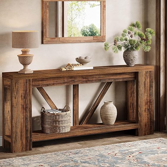 70.9" Extra Long Farmhouse Console Table with Storage - Light Brown