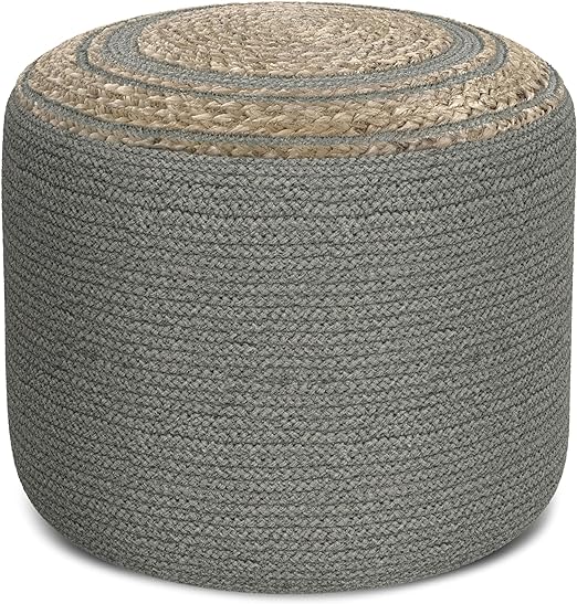 Serena 18 Inch Contemporary Round Braided Pouf in Dove Grey Cotton