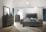 6-Piece Gray Wood with Faux Leather Headboard Queen Bedroom Set. Bed, Dresser, Mirror, Chest, 2 Night Stands