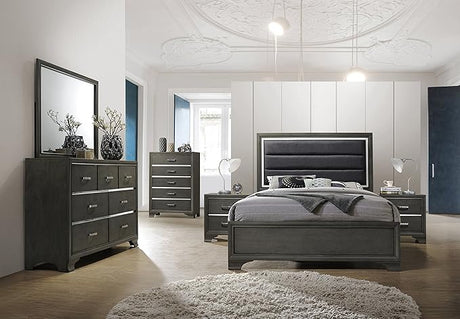 6-Piece Gray Wood with Faux Leather Headboard Queen Bedroom Set. Bed, Dresser, Mirror, Chest, 2 Night Stands