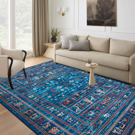 Washable Rugs 5x7, Boho Rug Soft Navy Blue Rug for Living Room, Stain Resistant Vintage