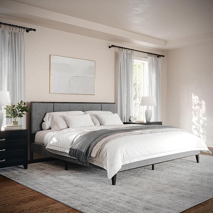 Jett Platform Bed with Headboard, Fabric Upholstered Inset Headboard and Base, Solid