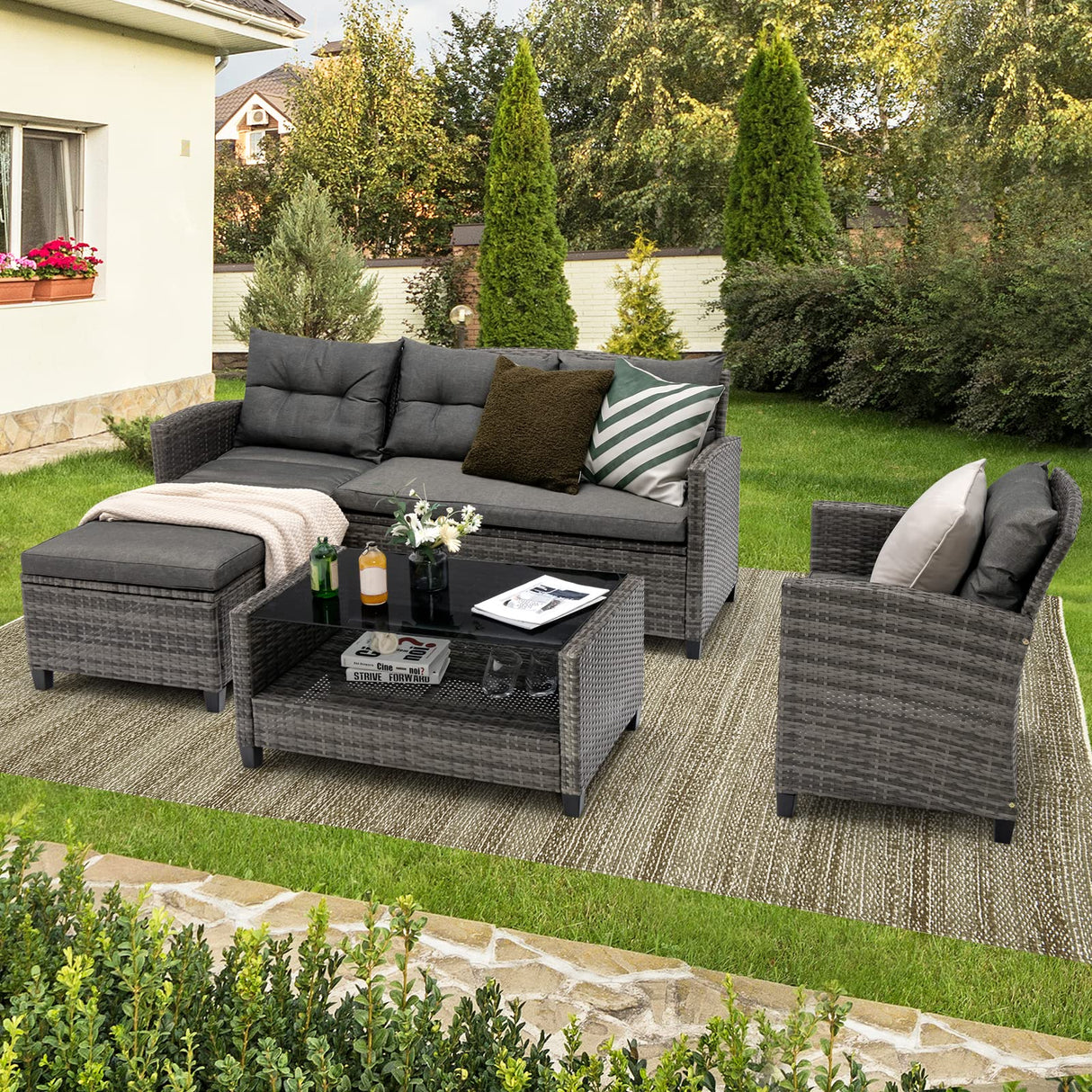 4 Pieces Patio Furniture Set Outdoor PE Wicker Sectional Sofa Set with Corner Sofa