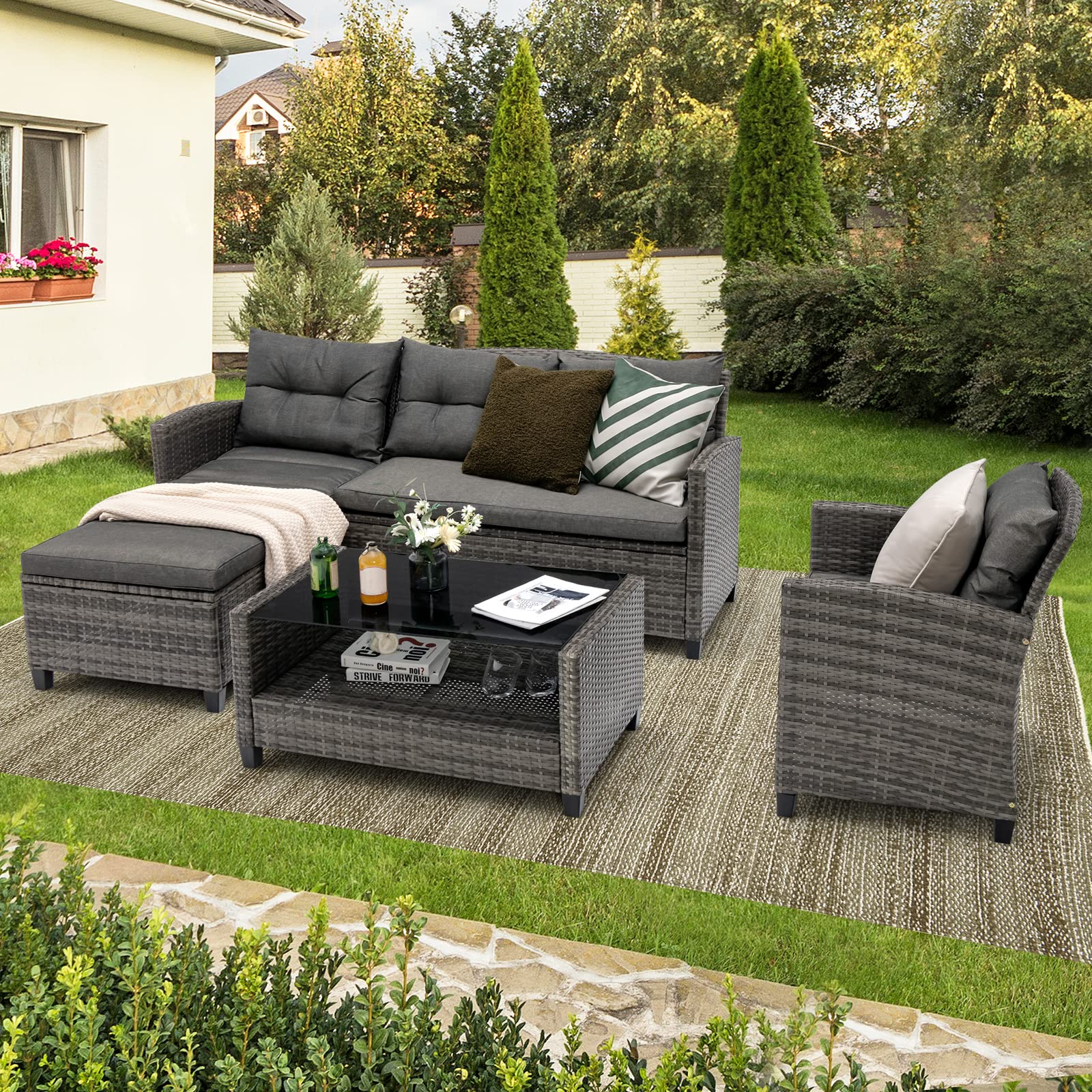 4 Pieces Patio Furniture Set Outdoor PE Wicker Sectional Sofa Set with Corner Sofa