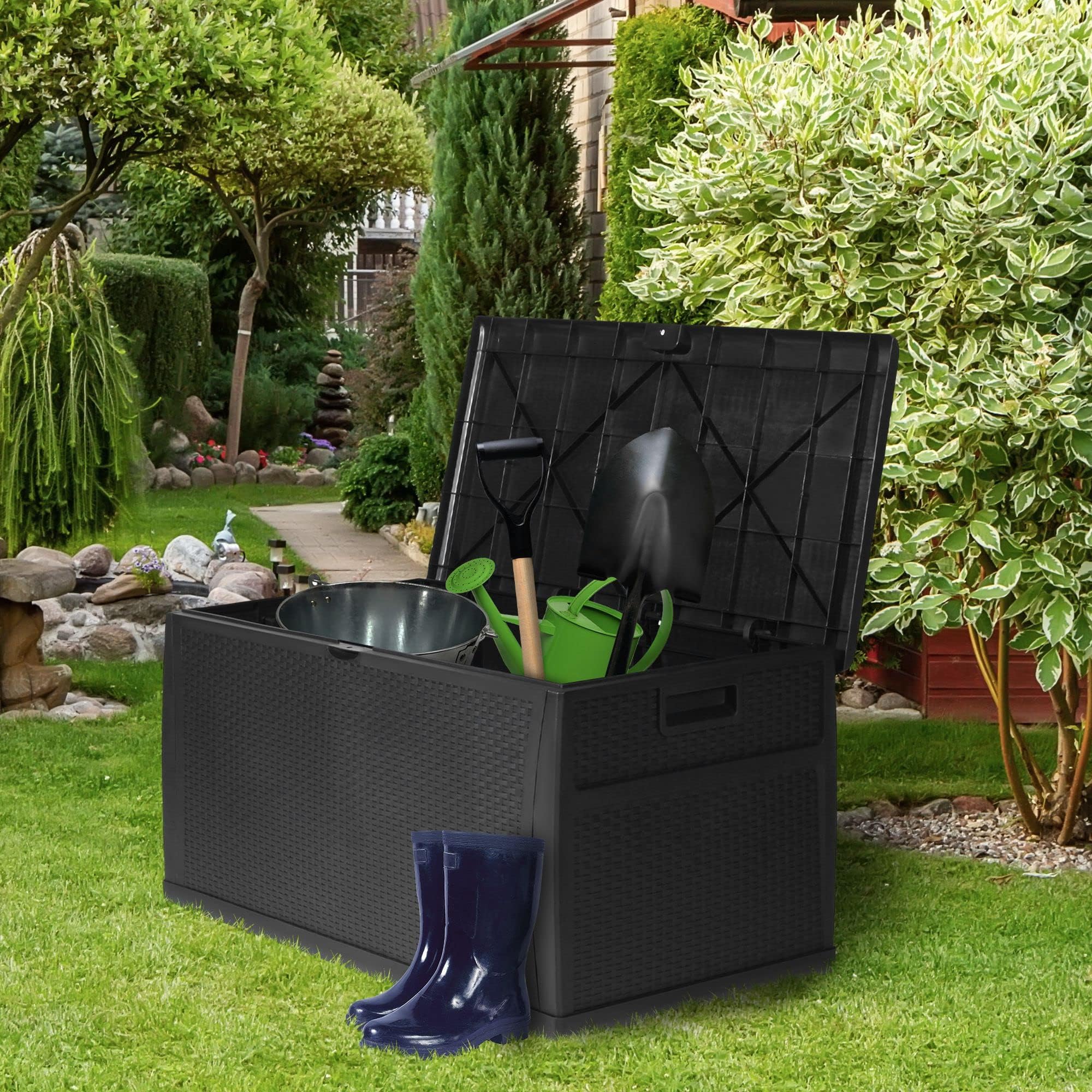 120 Gallon Large Deck Box, Waterproof Large Capacity for Patio, Garden, Large Outdoor Resin Rattan Storage Box Rainproof, Lockable