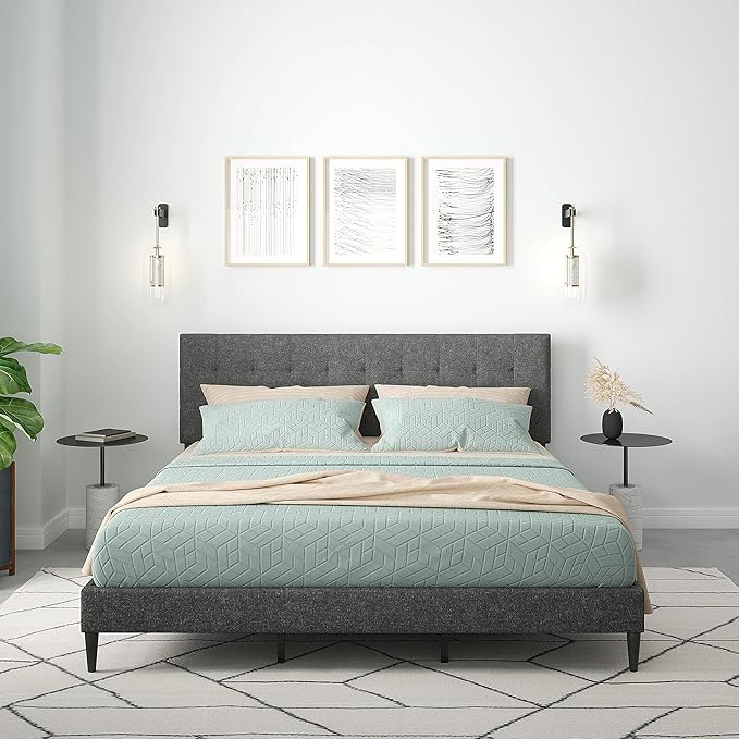 Kaya Upholstered Platform Bed Frame/Buttonless Tufting/Mattress Foundation/Wood Slat Support/No Box Spring Needed/Easy Assembly, Gray, King