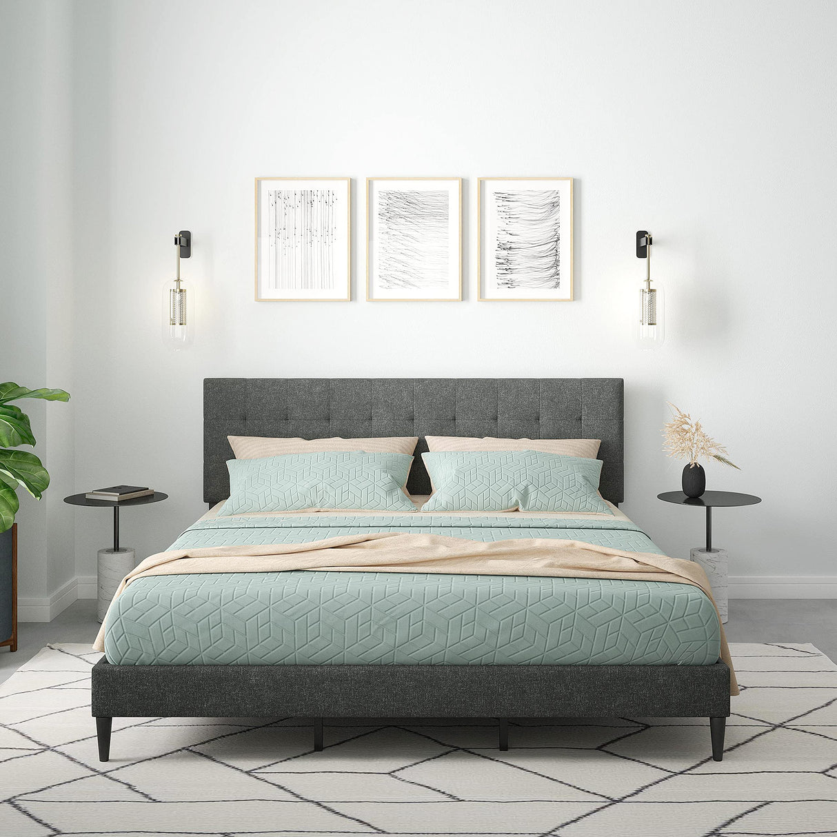 Kaya Upholstered Platform Bed Frame/Buttonless Tufting/Mattress Foundation/Wood Slat Support/No Box Spring Needed/Easy Assembly, Gray, King