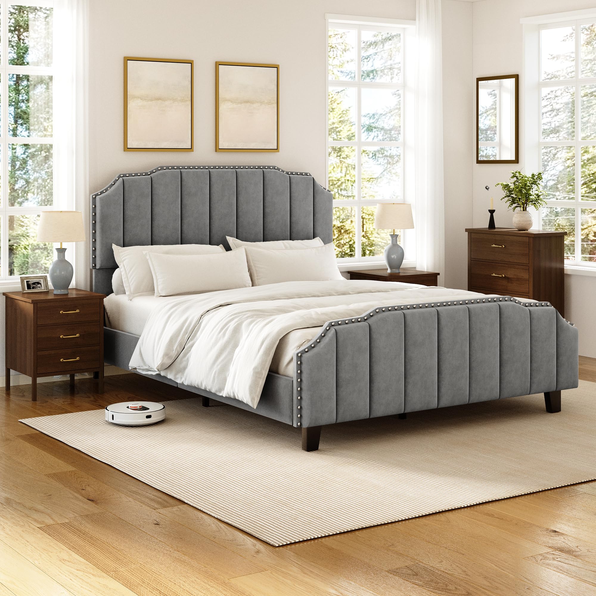 Grey Queen Upholstered Platform Bed Frame with Tall Tufted Headboard
