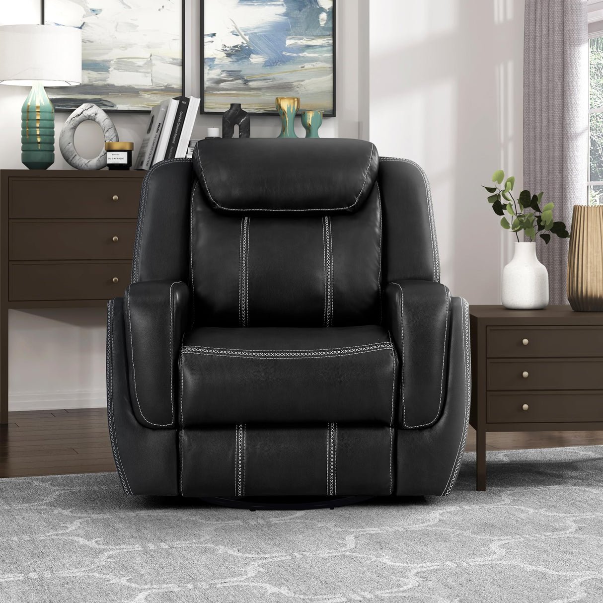 Swivel Glider Recliner Chair, Nursery Glider, Faux Leather Recliner Chair with Headrest, Manual Recliner Sofa Chair for Living Room/Office/Apartment, Black