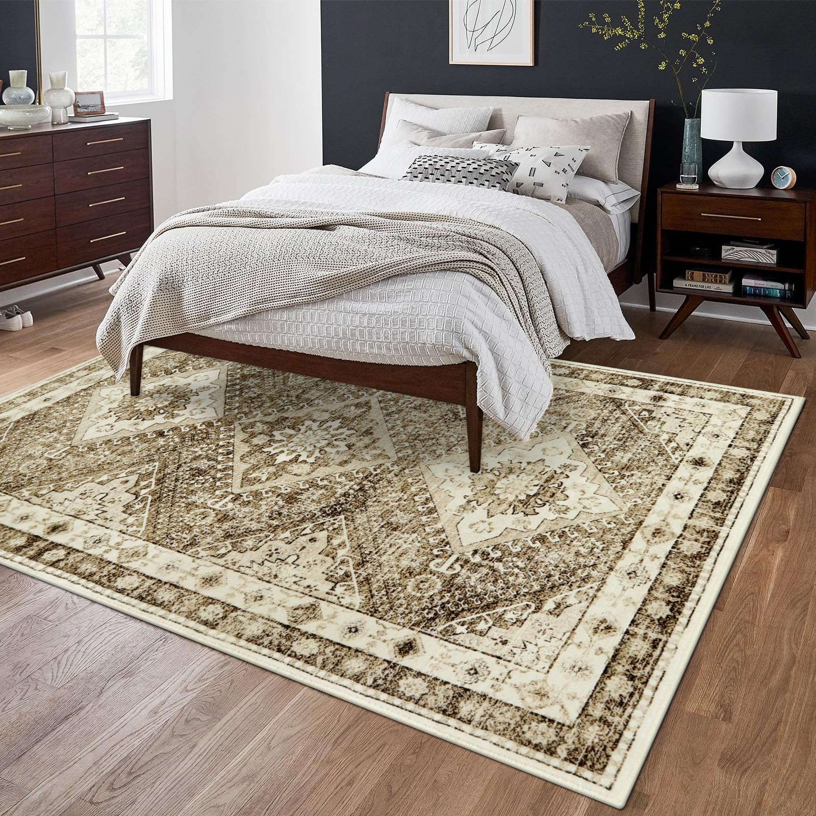 Vintage Washable Rug for Living Room, 4x6 Traditional Non Slip Area Rug, Khaki Soft Non