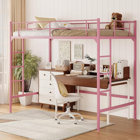 Twin Size Loft Bed with Desk, Multifunctional Metal Loft Bed Frame with Ladder and Full