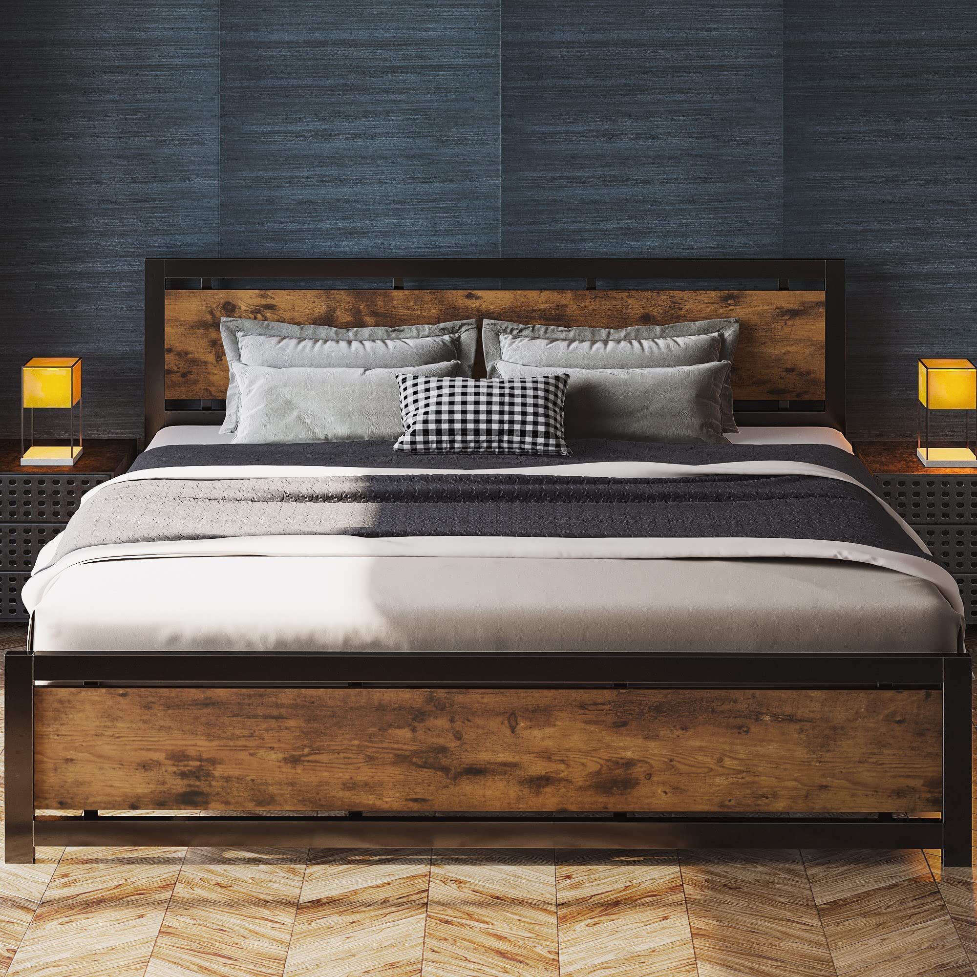 King Bed Frame with Headboard and Footboard, Metal Strong Supports