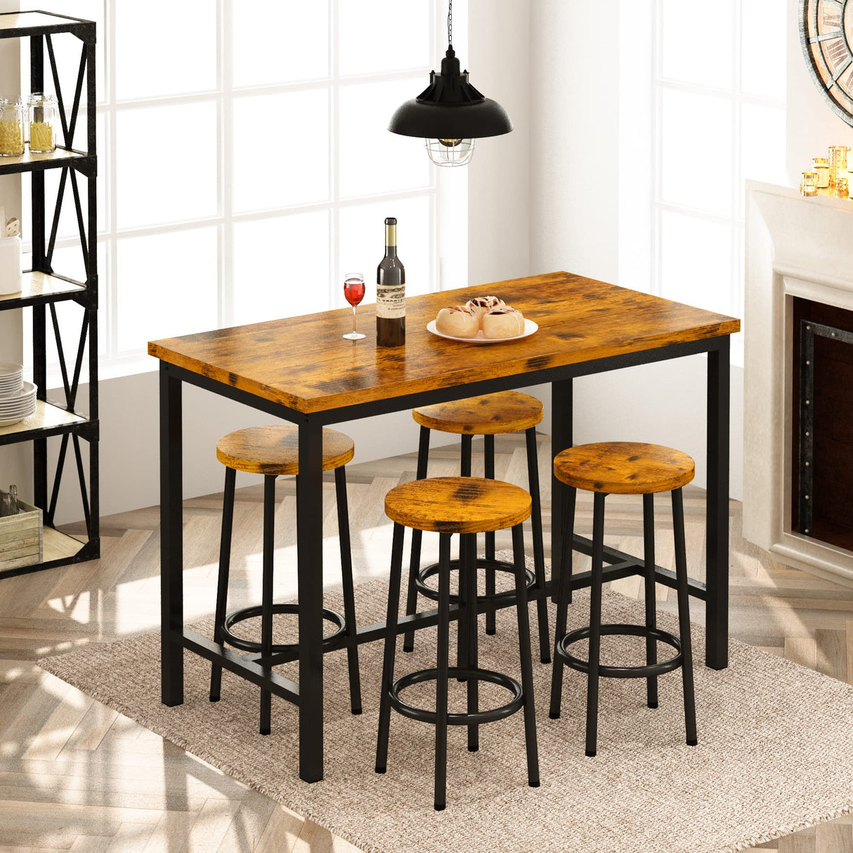 Bar Height Table and Chairs Bar Table with 4 Stools Industrial Counter Height Dining