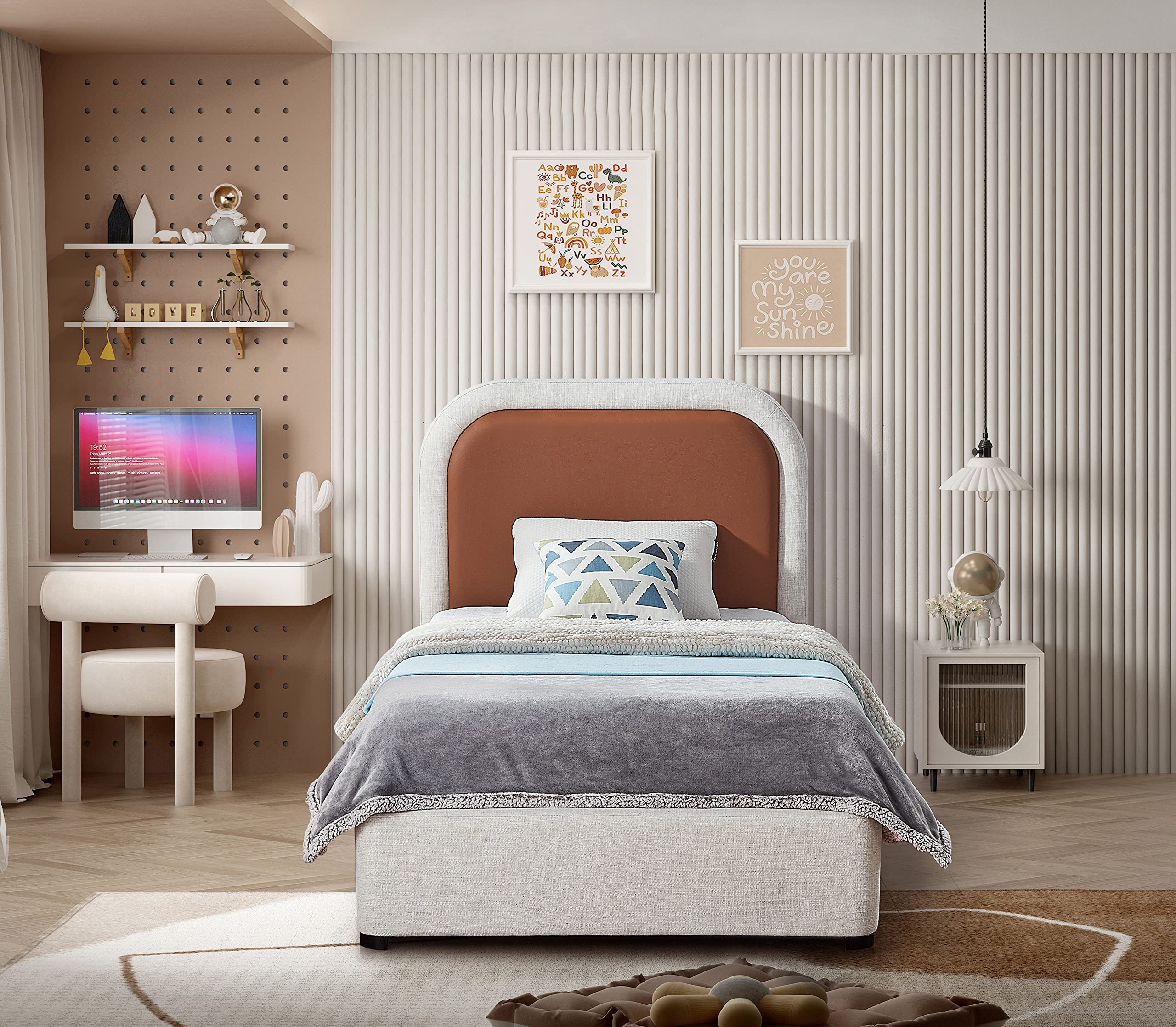 Blake Collection Modern | Contemporary Twin Bed with Soft Brown Vegan Leather, Rich