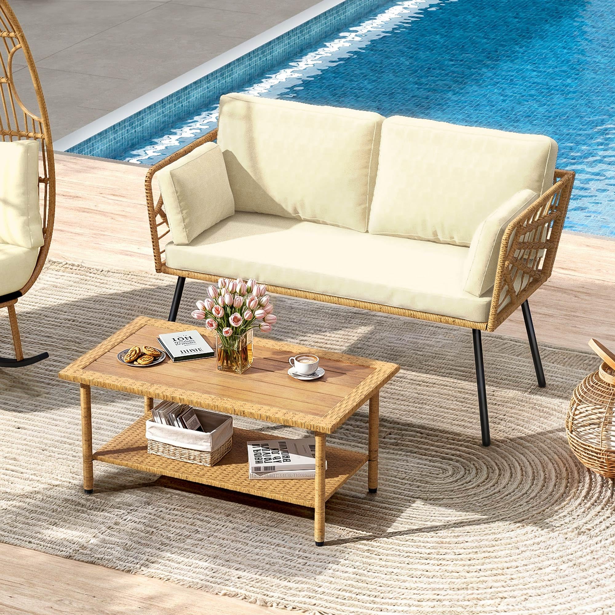 2 Pieces Patio Furniture Set, All-Weather Wicker Rattan Loveseat