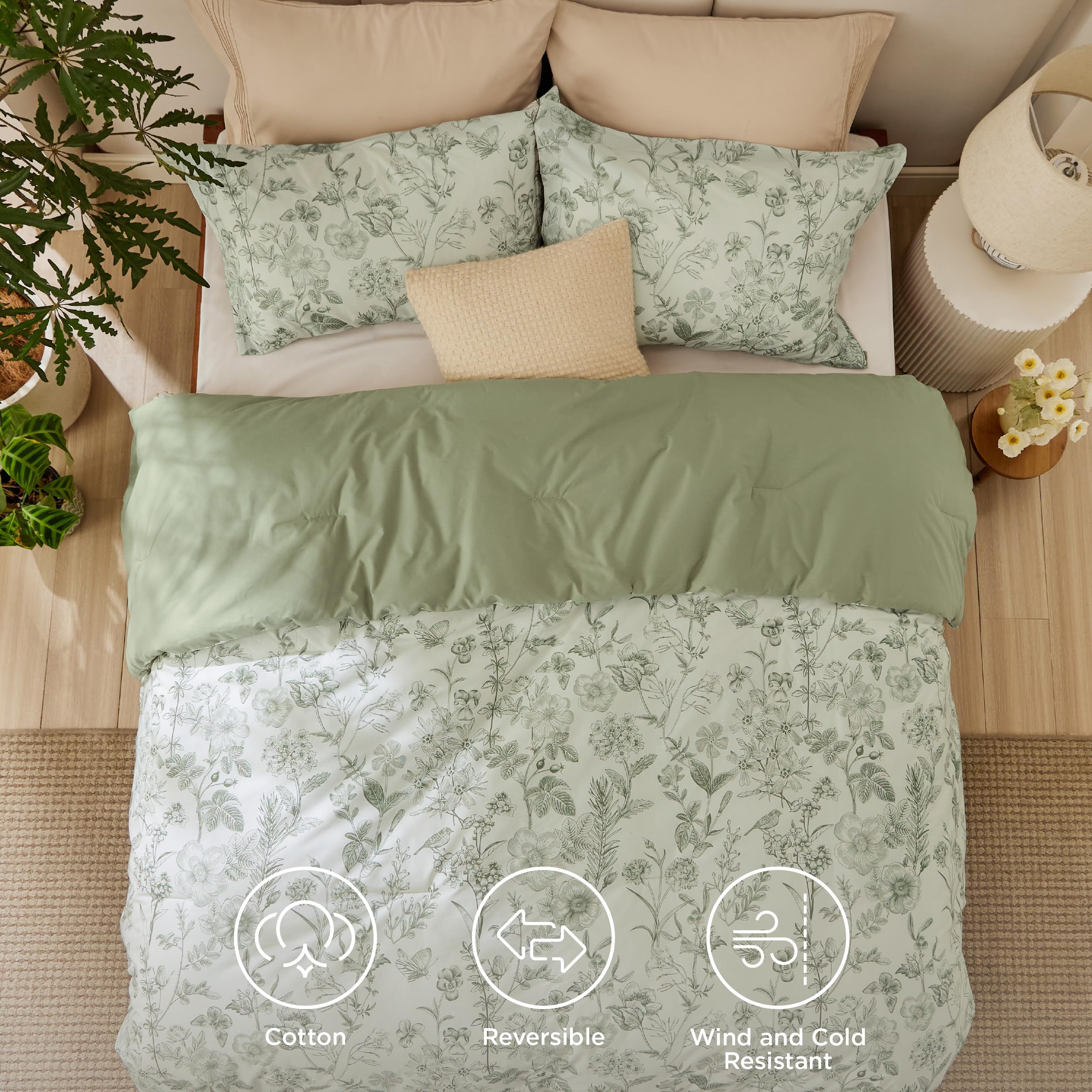 Floral Comforter Set King Size - 100% Cotton Sage Green Botanical Bedding