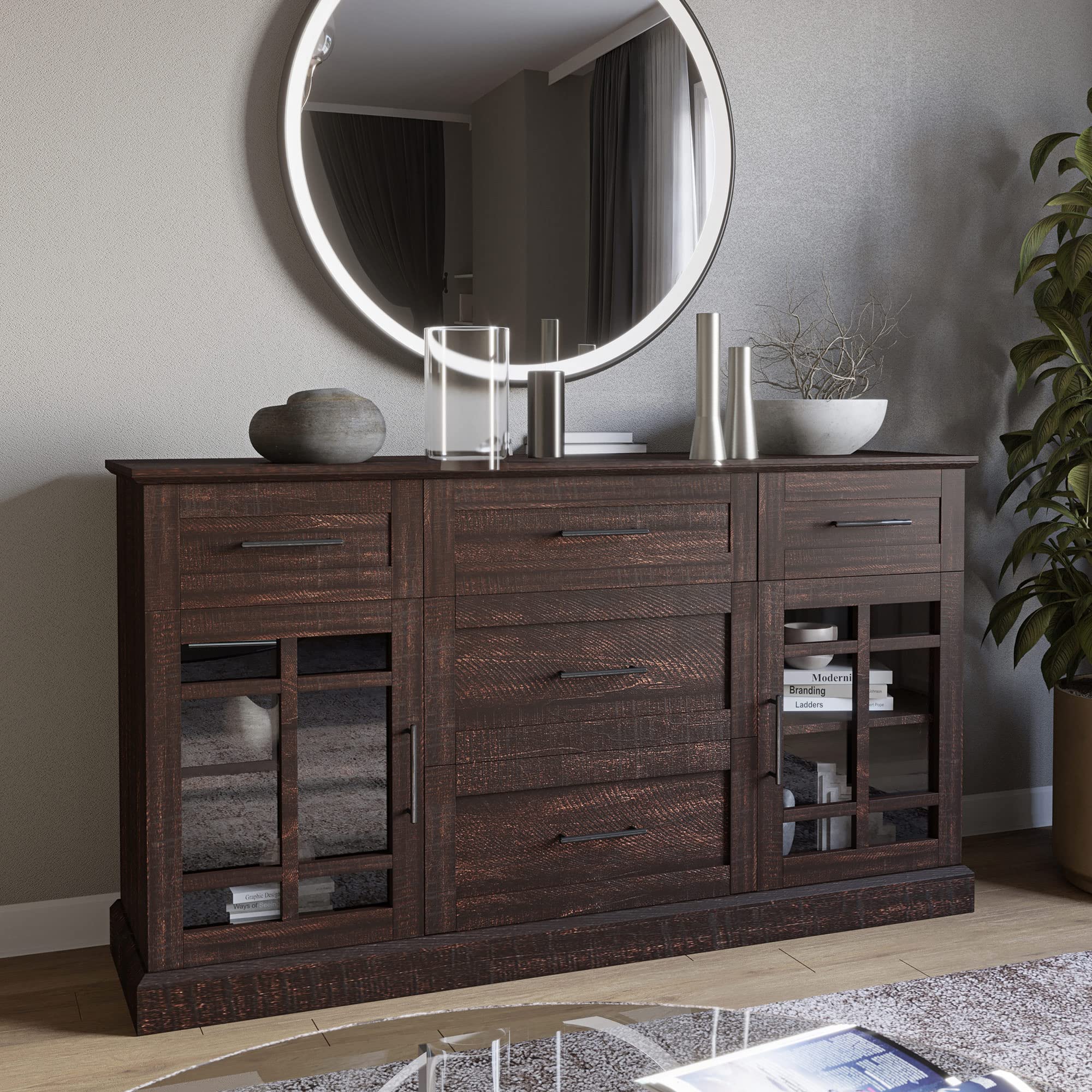 Sideboard Buffet Console Table, Versatile Media Cabinet with Drawers and Adjustable Shelves - 58 Inch - Astorga (Espresso)