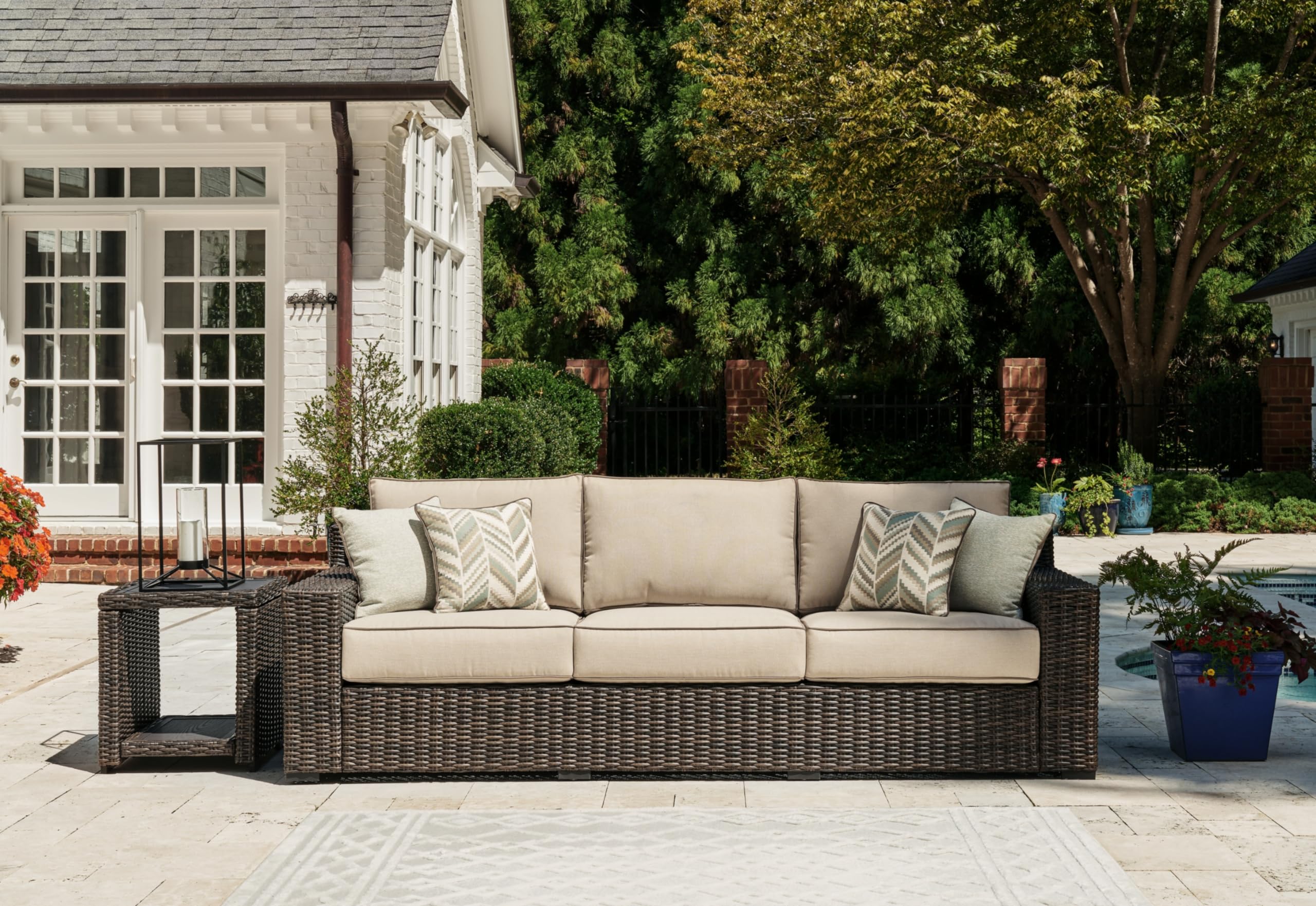 Coastline Bay Casual Weather Resistant Outdoor Sofa with Cushion and 4 Throw Pillows