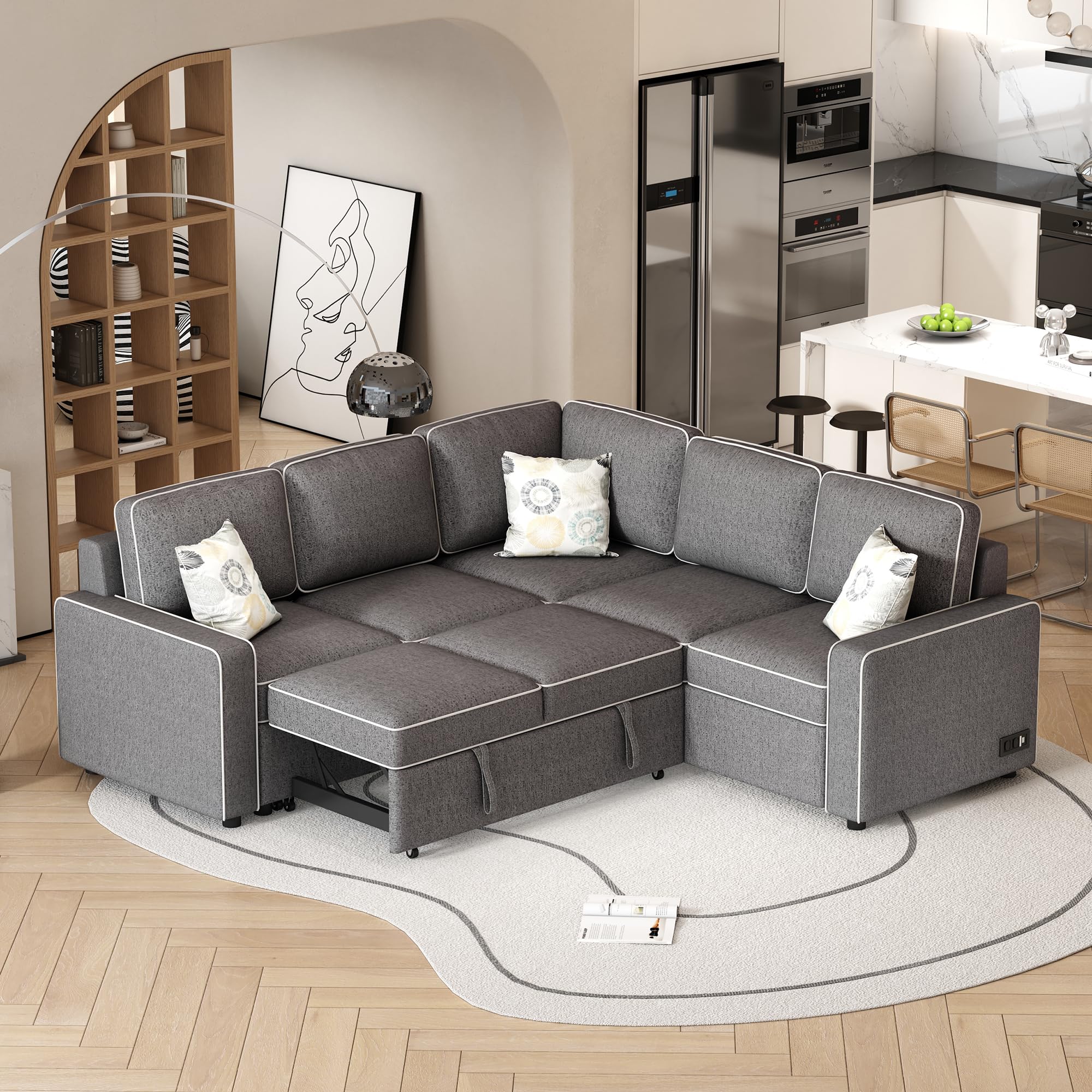 83" Sofa Bed, Sleeper Sofa L-Shaped Sofa Couches for Living Room Modern Convertible Sofa Pull Out Couch Bed 5 Seat Modular Sofa Set with USB Charging Ports Apartment Brown