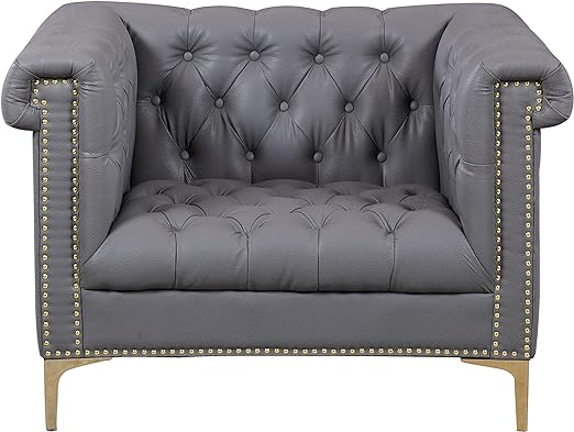 Gold Navy Blue Winston PU Button Tufted with Nail head Trim Tone Metal Sofa