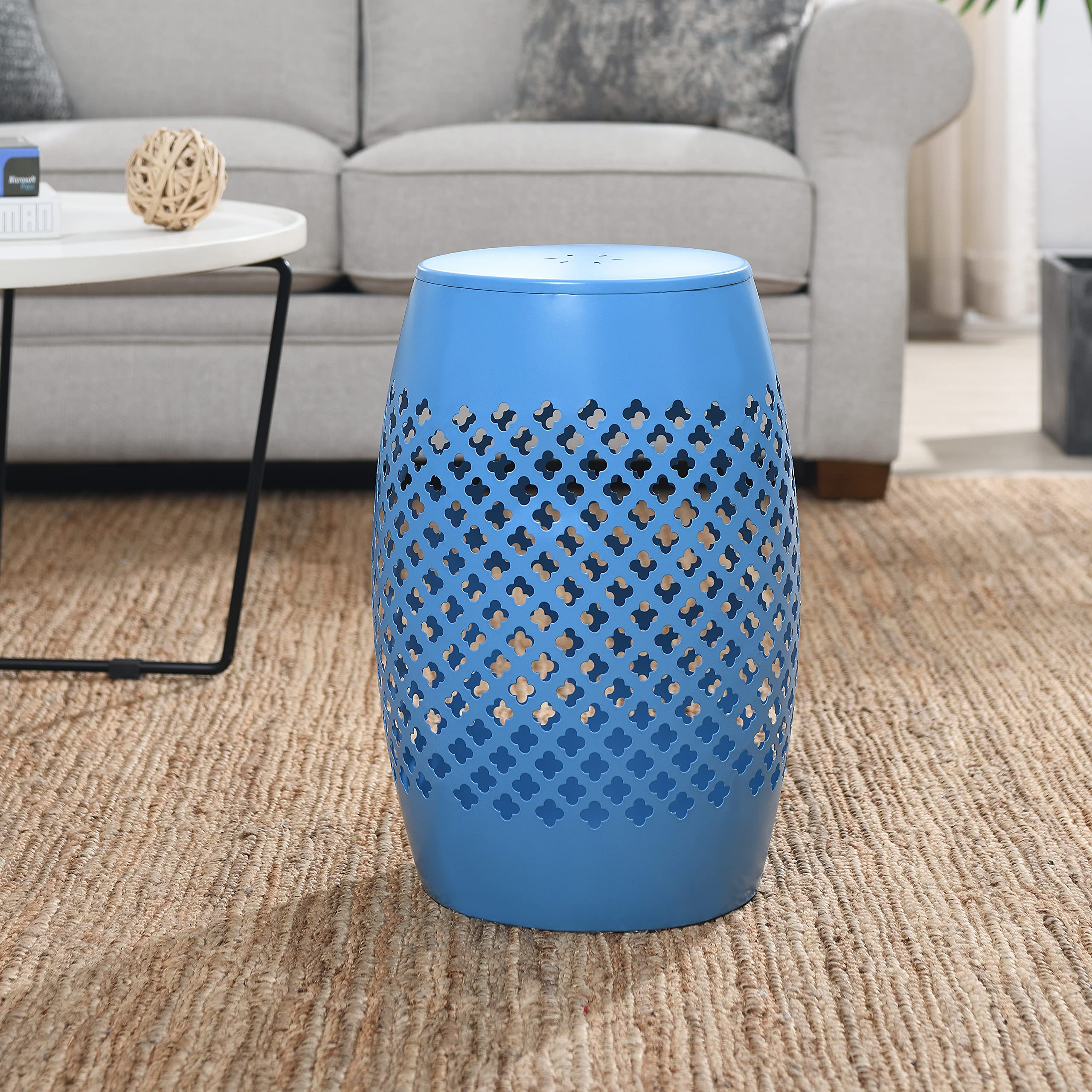 Outdoor Indoor Lace-Cut Iron Drum Side Table, Powder-Coated