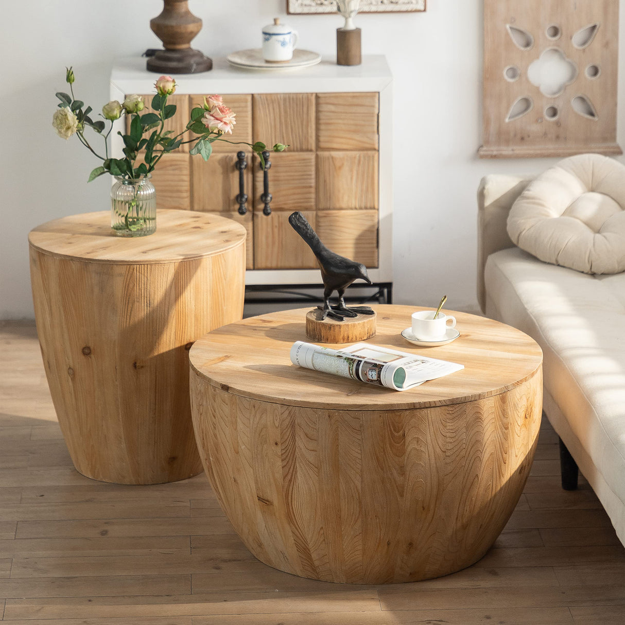 31.5'' Round Wood Coffee Table with Storage for Living Room