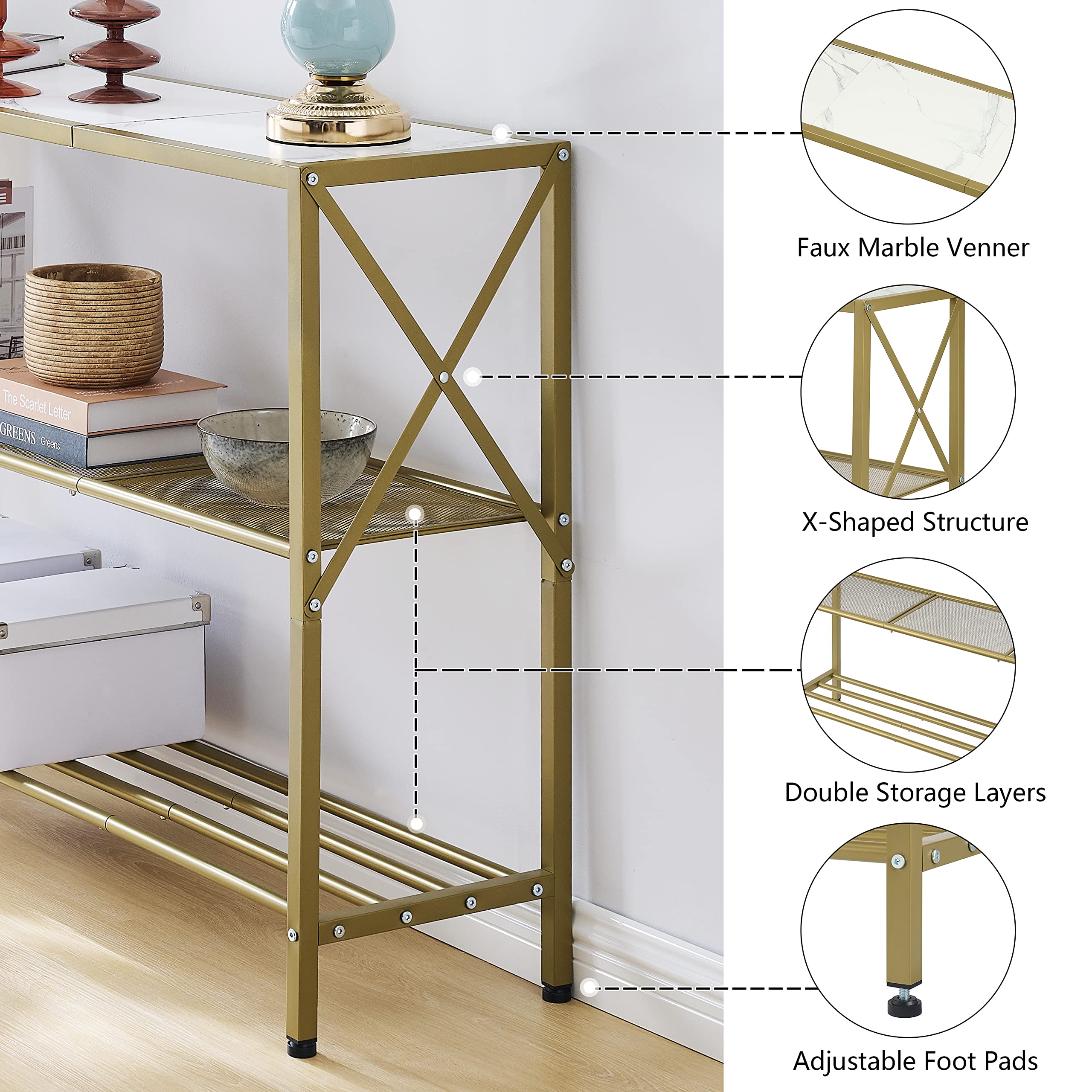 Gold Console Table, 3 Tier Entryway Table, Hallway Table, Narrow Sofa Table with Shelves