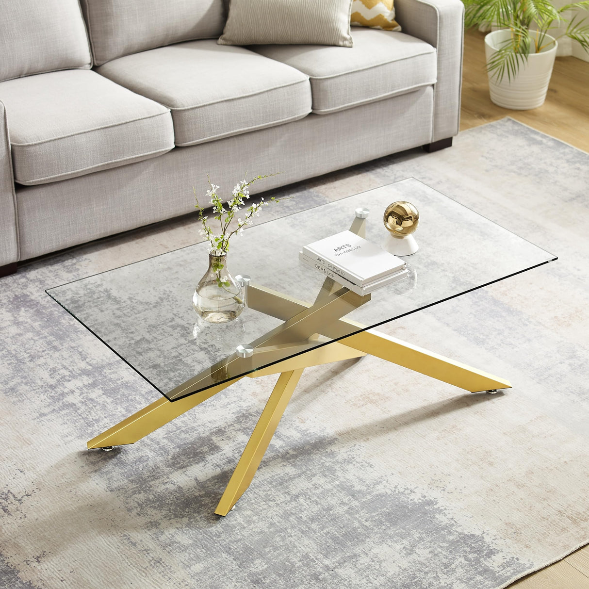 Rectangle Modern Coffee Table, Tempered Glass Top and Metal Tubular Leg,