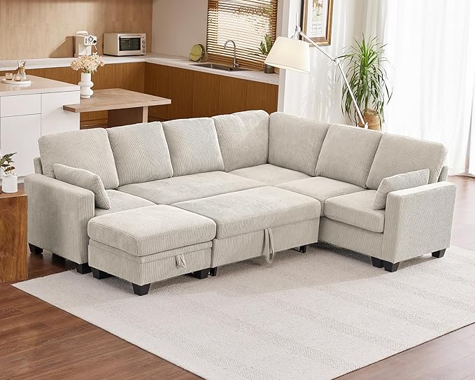 Modular Sofa with Pull Out Bed, Corduroy Sectional Convertible U-Shaped Sleeper