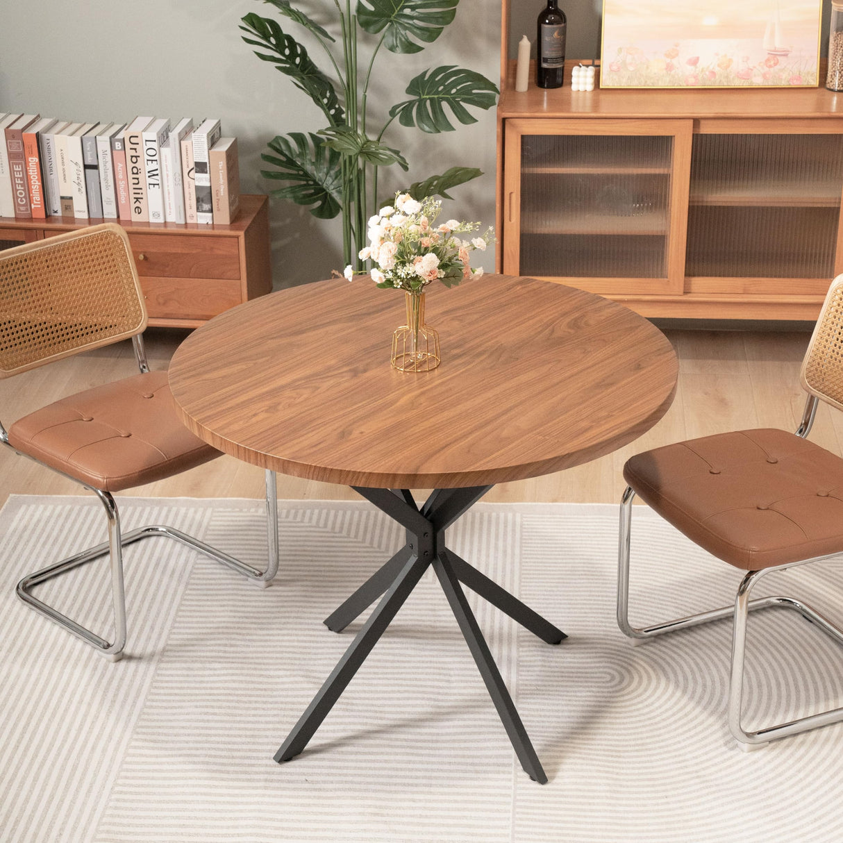 Walnut Round Dining Table for 4-6 Person, 39" Mid-Century Modern Round Dining Room