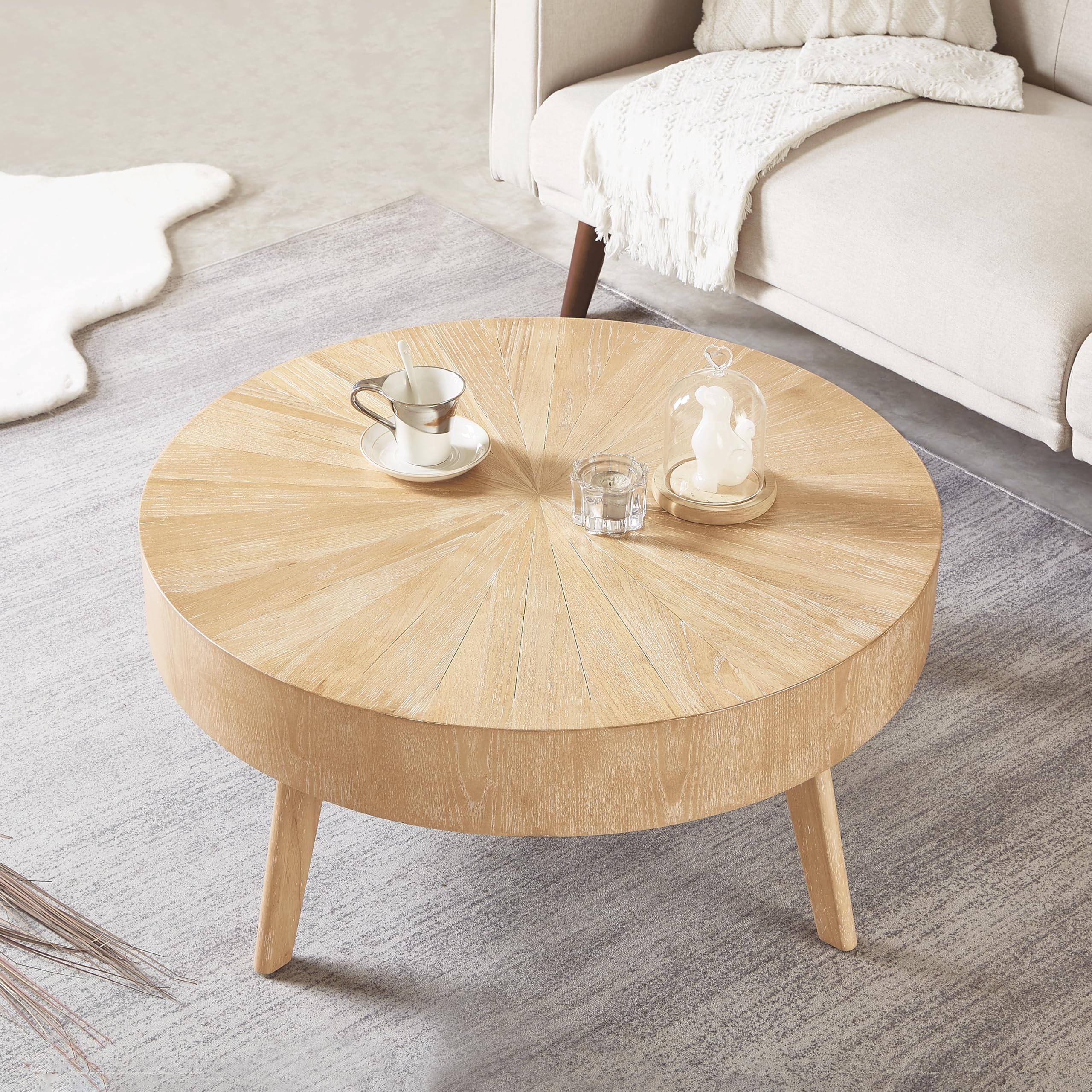 Round Wood Coffee Tables for Living Room, Farmhouse Circle Coffee Table