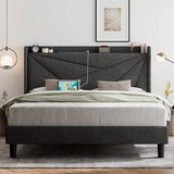 Full Size Bed Frame with Charging Station, Upholstered Platform Bed Frame