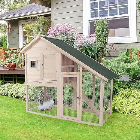 55" L 2-Tier Wooden Rabbit Hutch Bunny Cage Small Animal House with Ramp