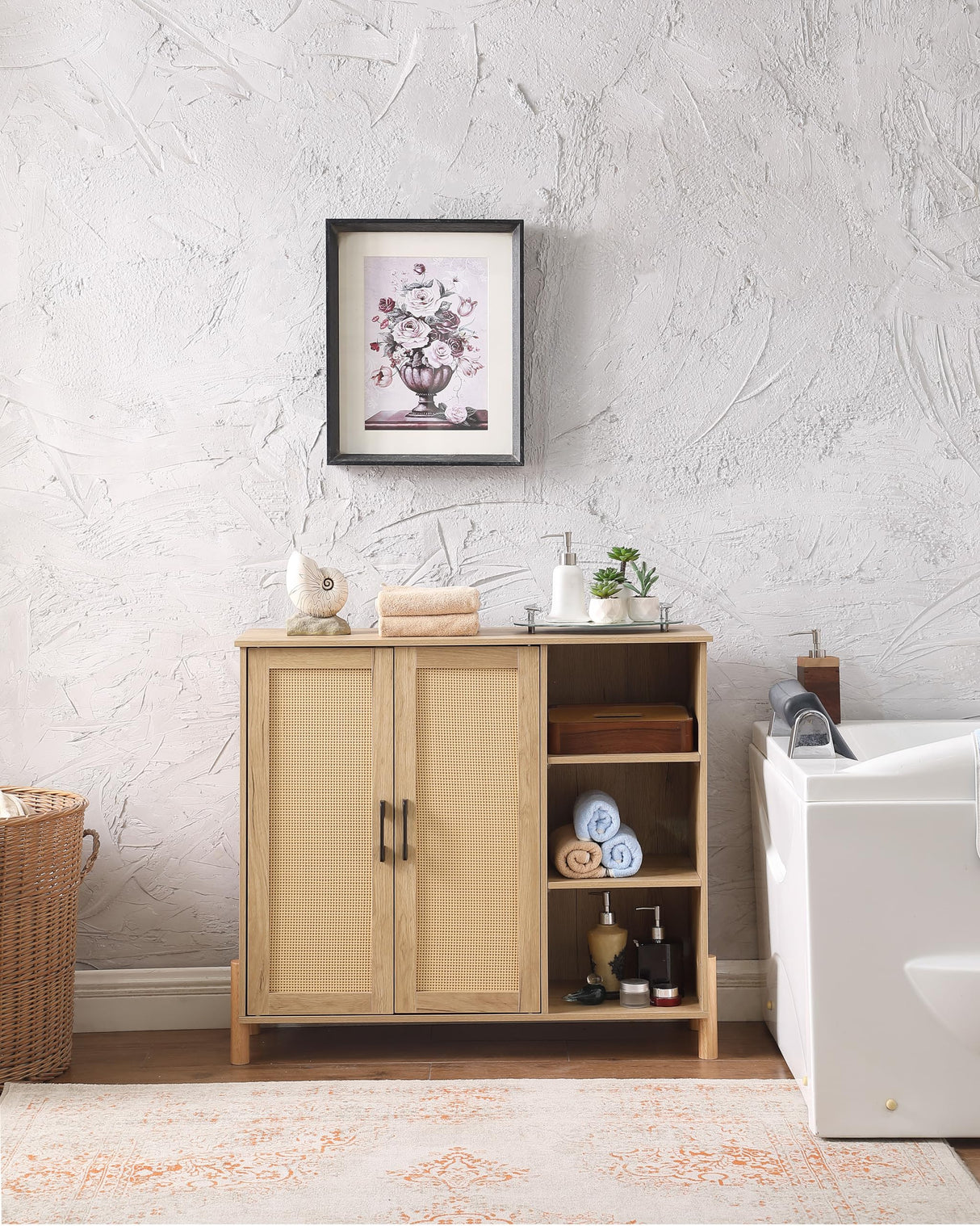 Storage Cabinet, Bathroom Cabinet with Rattan Doors, Bathroom Floor Cabinet with Open