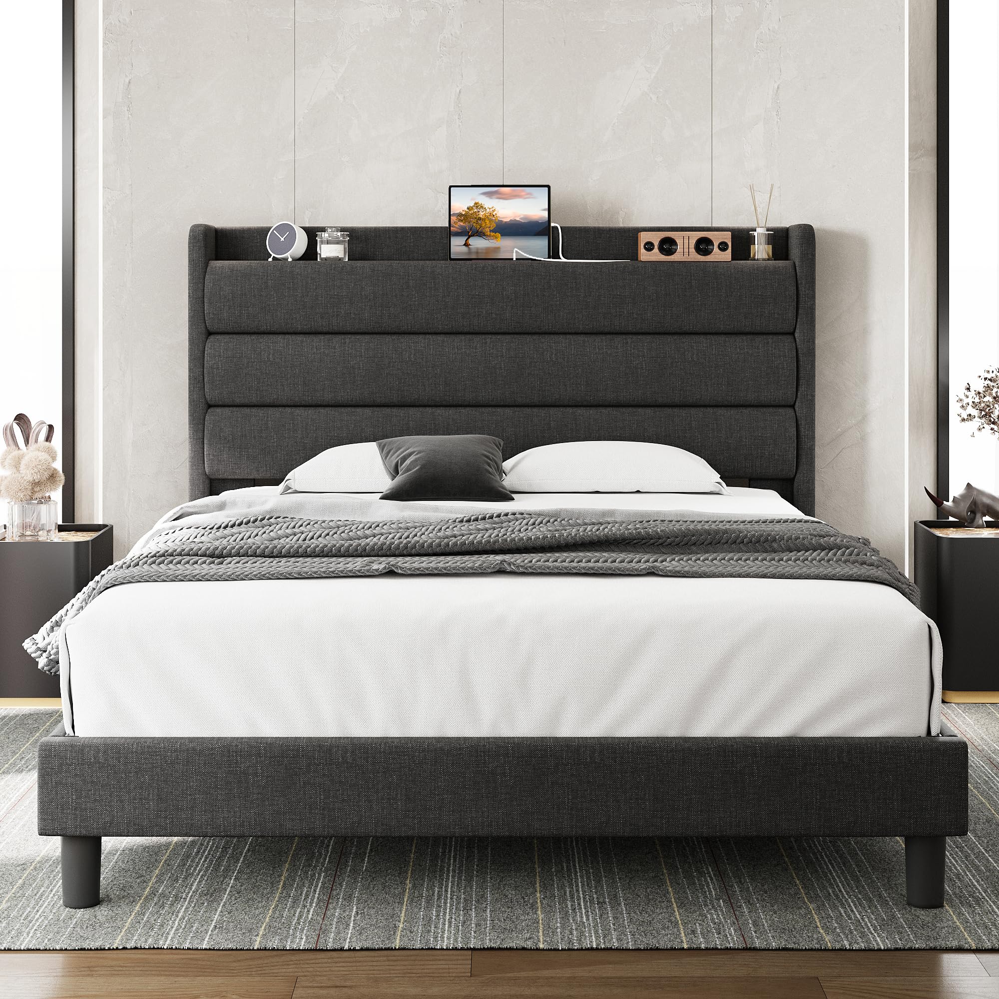 Queen Size Bed Frame, Storage Headboard with Outlets, Sturdy and Stable
