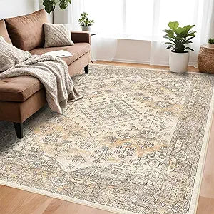 Retro 8x10 Area Rug - Vintage Washable Rug for Living Room with Non-Slip