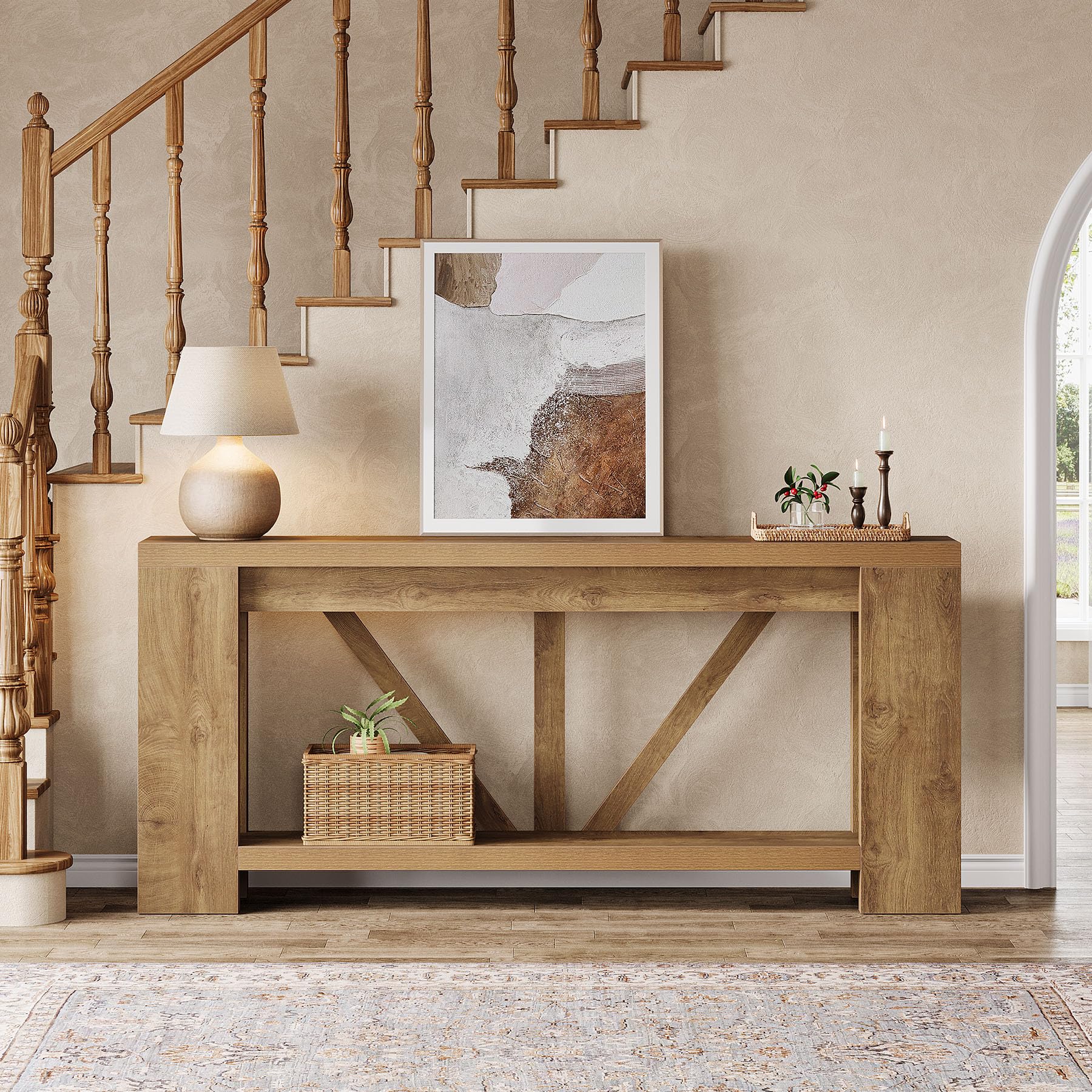 70.9" Extra Long Farmhouse Console Table with Storage - Light Brown