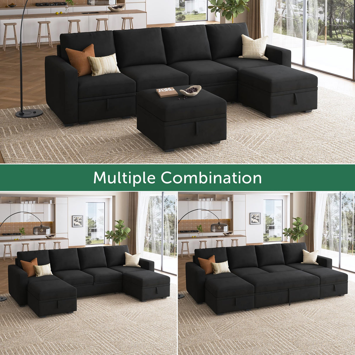 Modular Sectional Sleeper Sofa Bed, Velvet Sectional Couch with Pullout Bed U Shaped