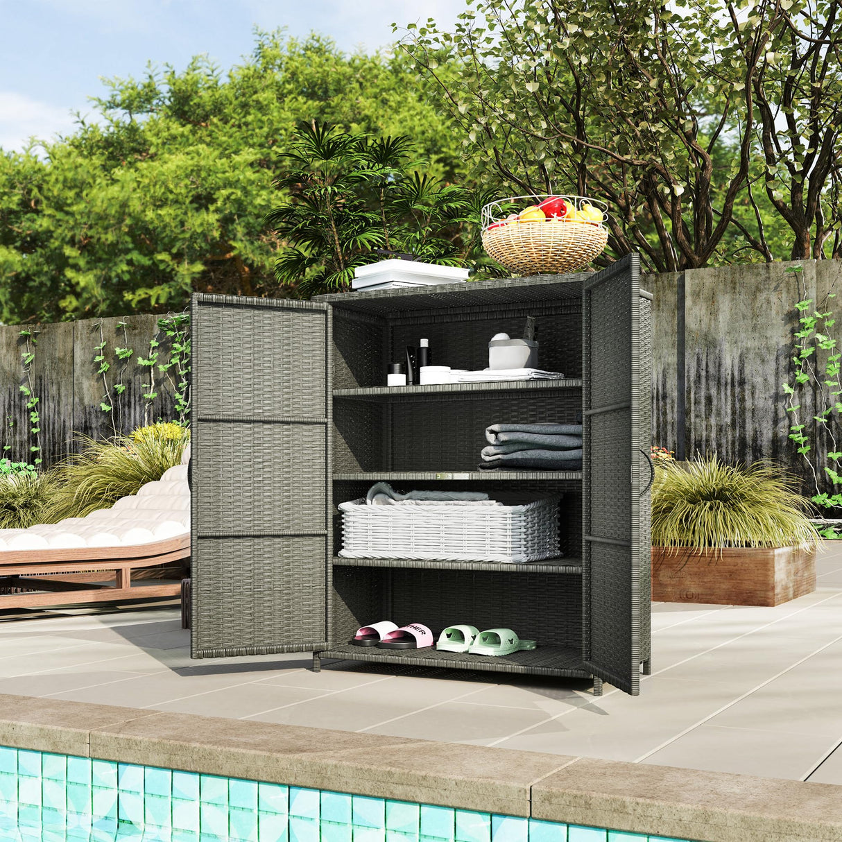 Wicker Outdoor Storage Cabinet with Shelves, 4-Shelf Outdoor Pool Towel Storage