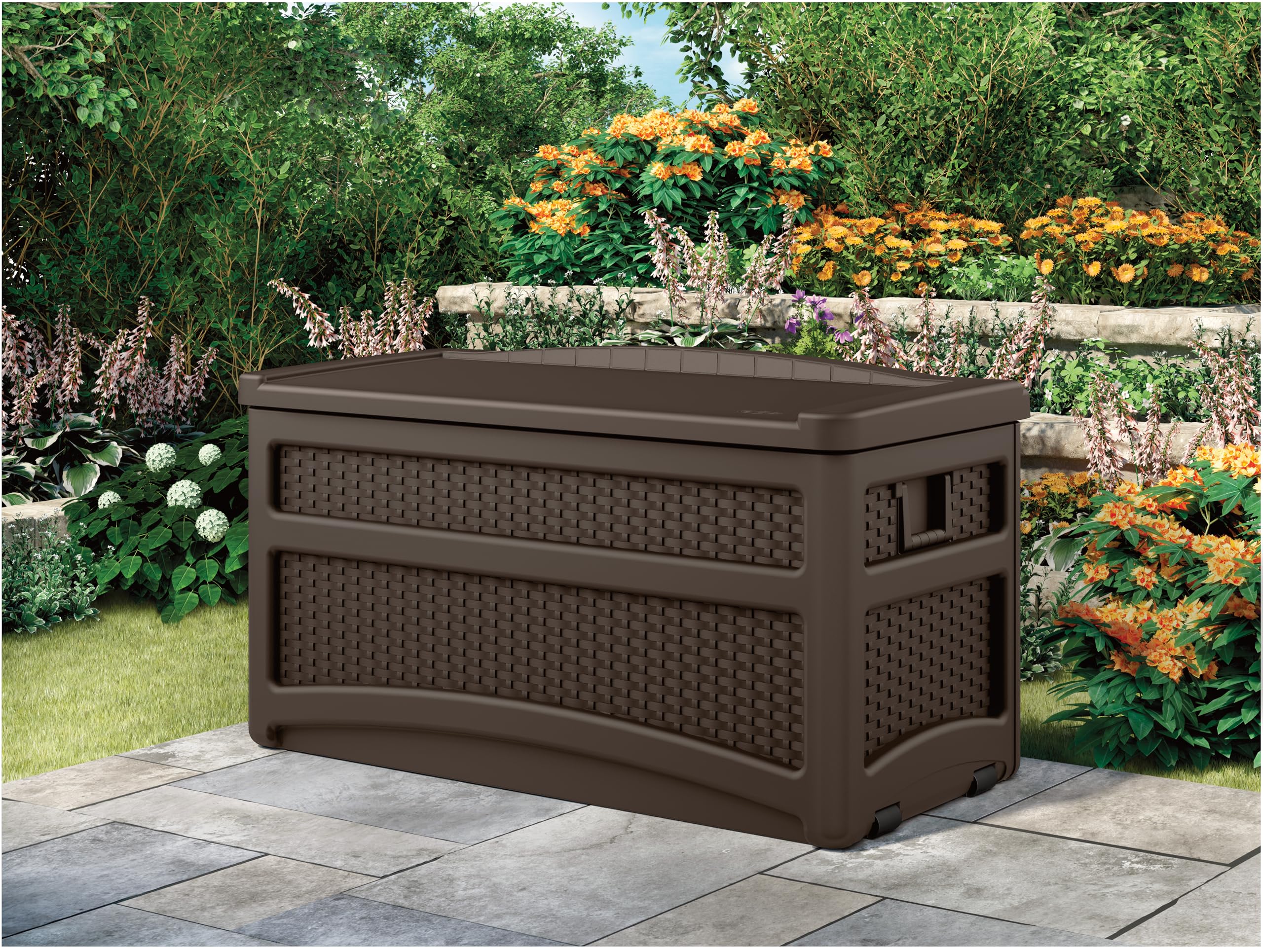 Durable 73 Gallon Outdoor Plastic Storage Chest with Handles, Wheels, and Seat for Patio