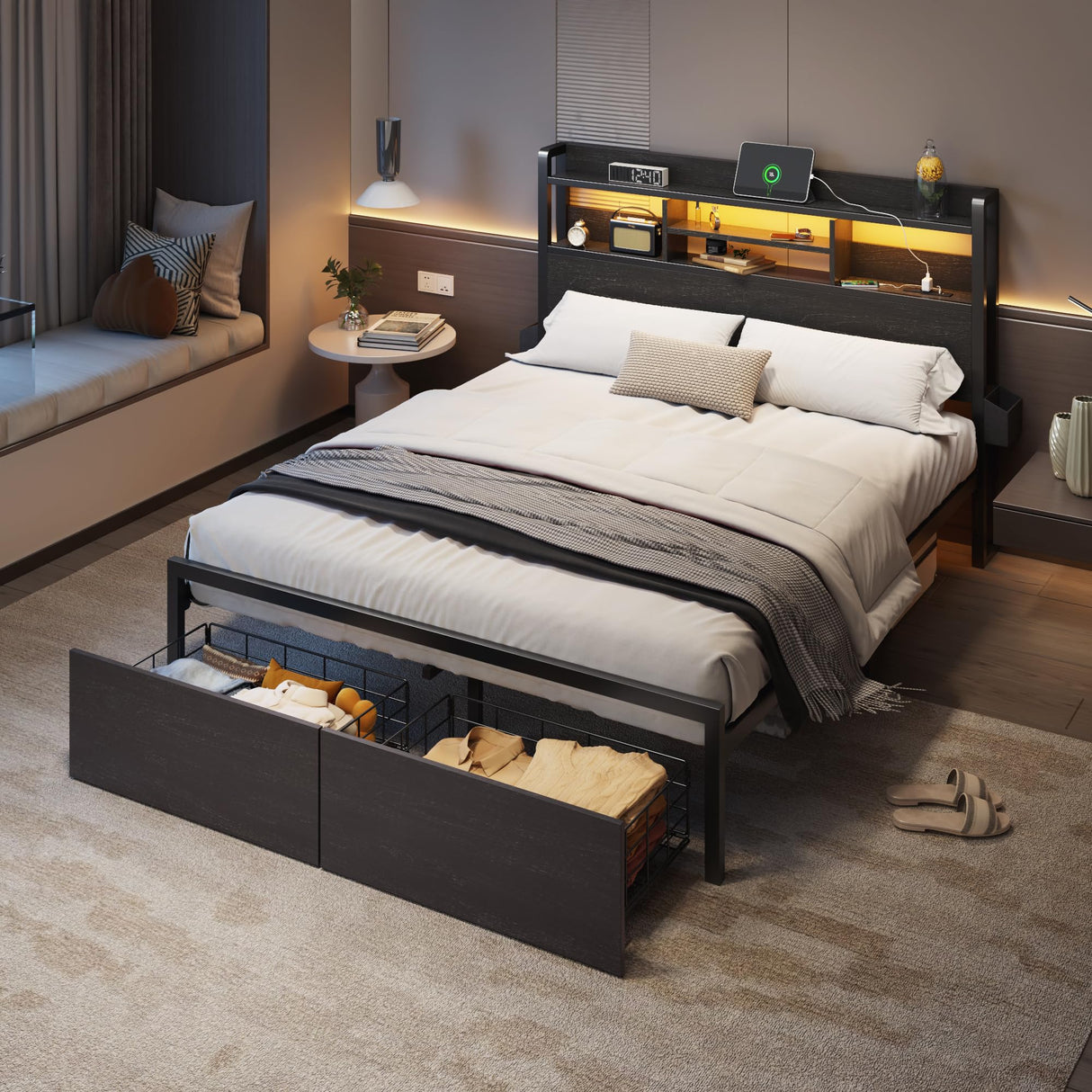Full Size Bed Frame with LED Lights & Storage Drawers