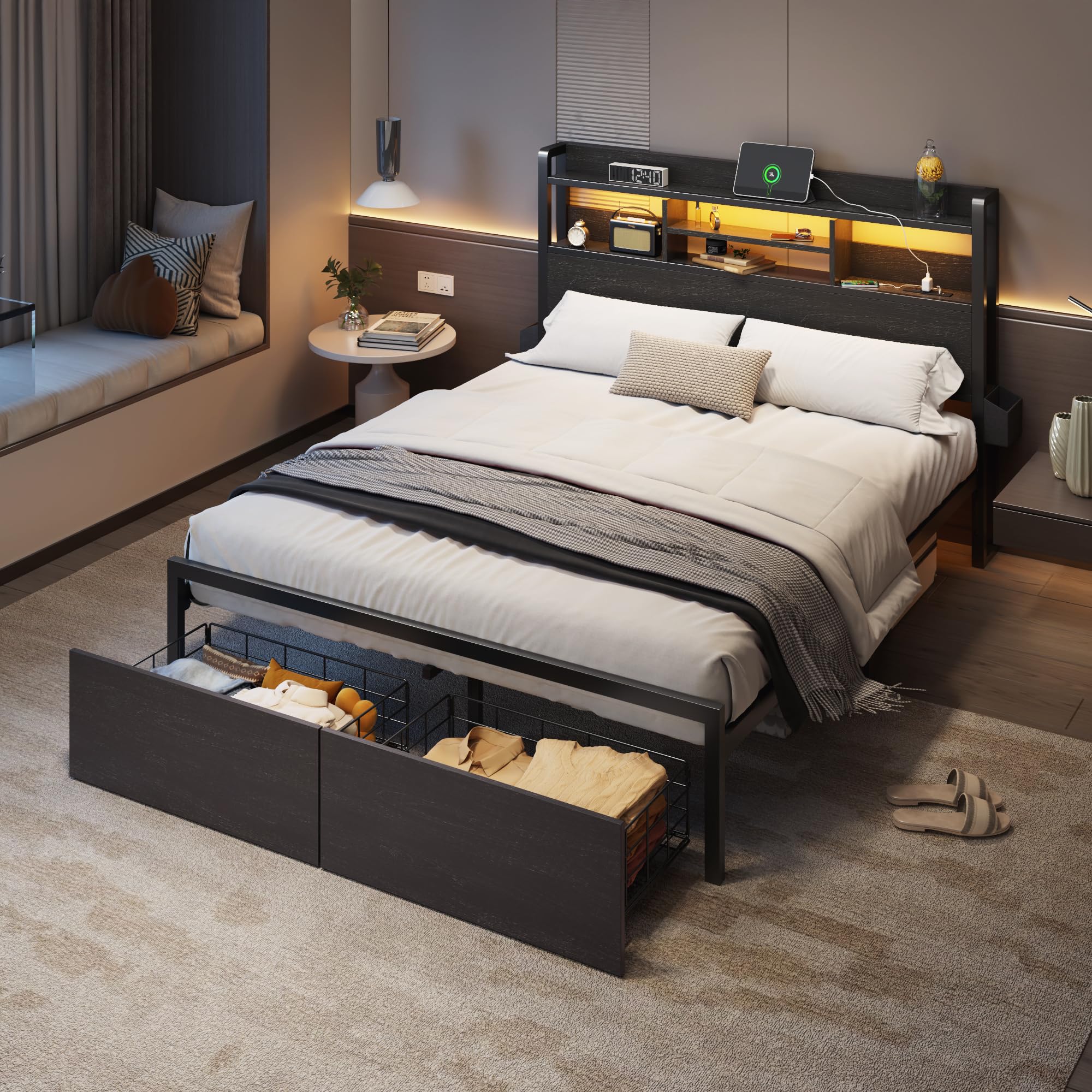 Full Size Bed Frame with LED Lights & Storage Drawers