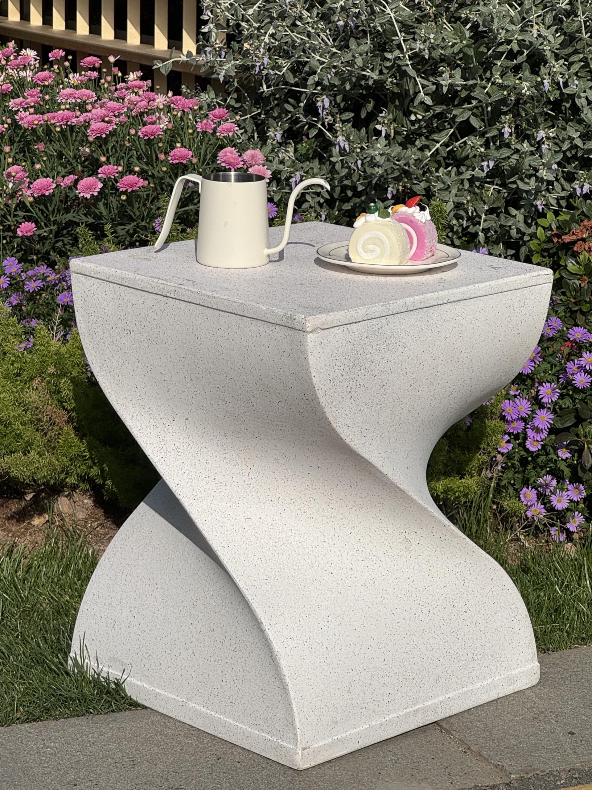 Outdoor Side Table, Concrete End Table, Round Accent Table for Indoor Modern Art Deco, Cement Side Tables for Outside Plant Stand, Artistic Style Tables Garden Stool for Patio (White - Square) - Bircata