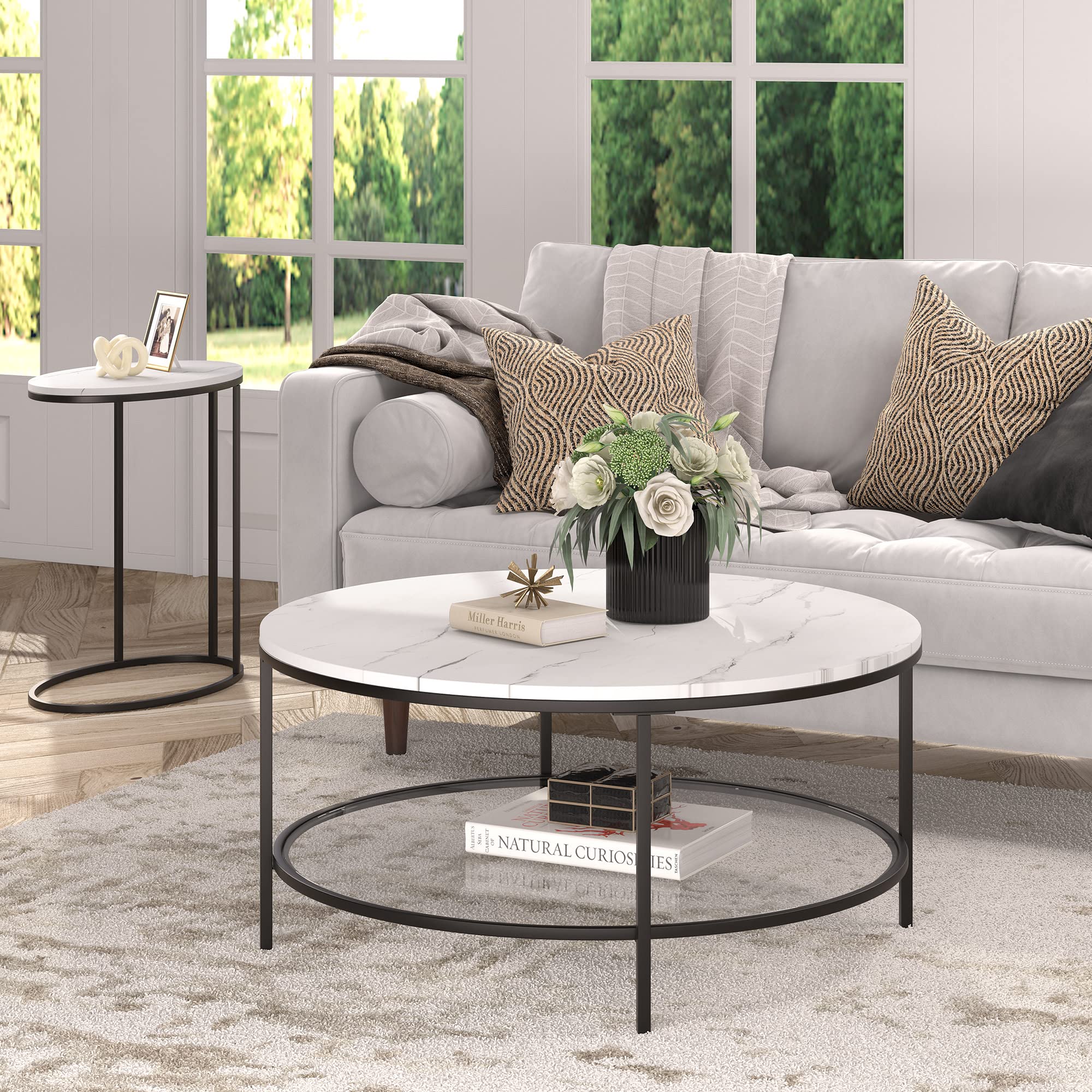 36" Wide Round Round Coffee Table with Faux Marble Top in Blackened Bronze
