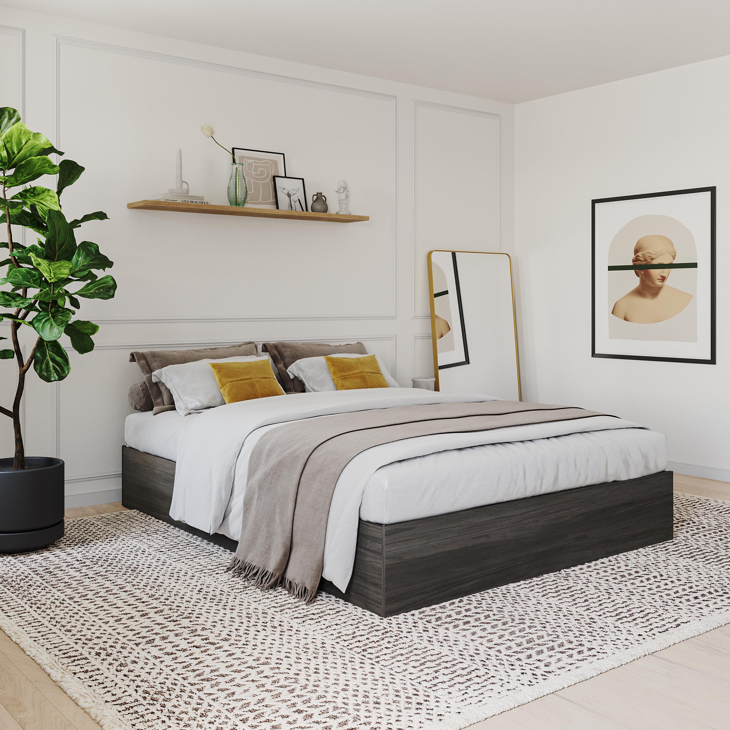 Grey Queen Size Storage Platform Bed