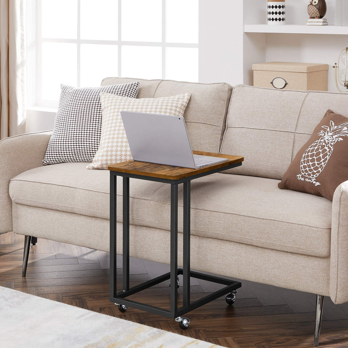 Table, C Shaped TV Tray with Metal Frame Rolling Casters, Industrial Side Table