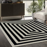 Contemporary Black & Ivory 7'9" x 10'2" Area Rug, Contrasting Geometric Modern Stripe